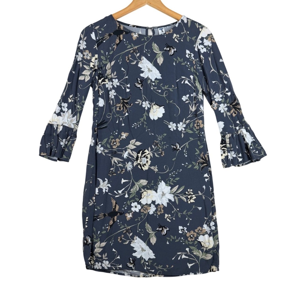 Old Navy Floral Print Long Bell Sleeve Shift Dress size XS Gray/White